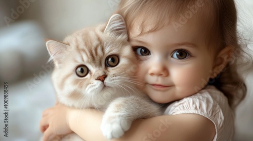 A charming scene of a little girl joyfully hugging a fluffy cat. The innocence of childhood is beautifully captured in this heartwarming moment of friendship. Ideal for family or pet themes. AI photo