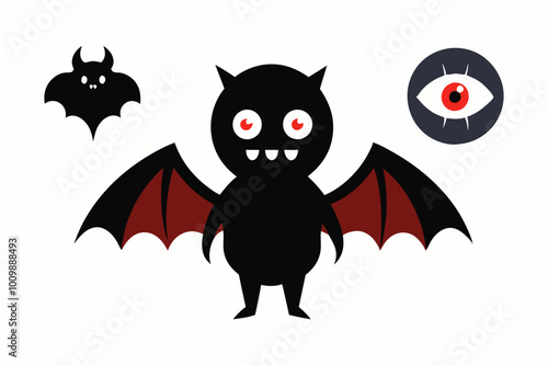 Cartoon flying evil monsters with bat wings and one human eye. Halloween vector elements, isolated scary icons on white background.