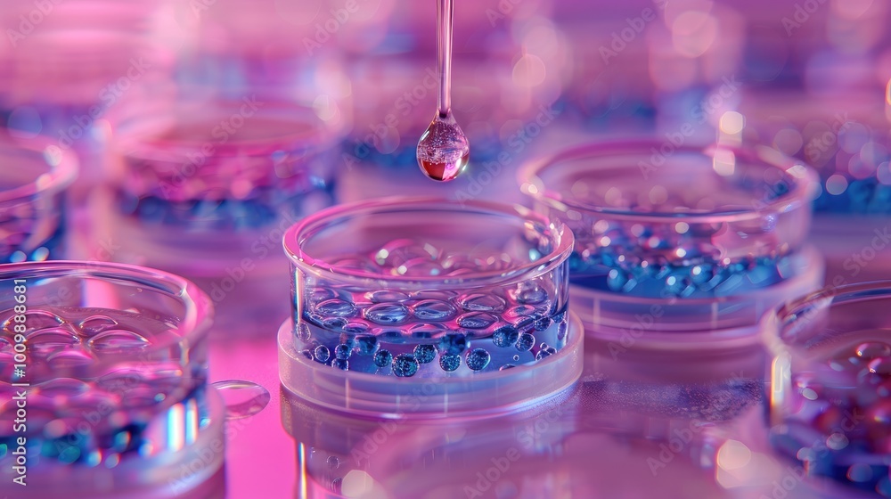 Laboratory setting, vibrant Petri dishes containing liquid samples, pink and purple colors. Laboratory setting, vibrant Petri dishes containing liquid samples, pink and purple colors.