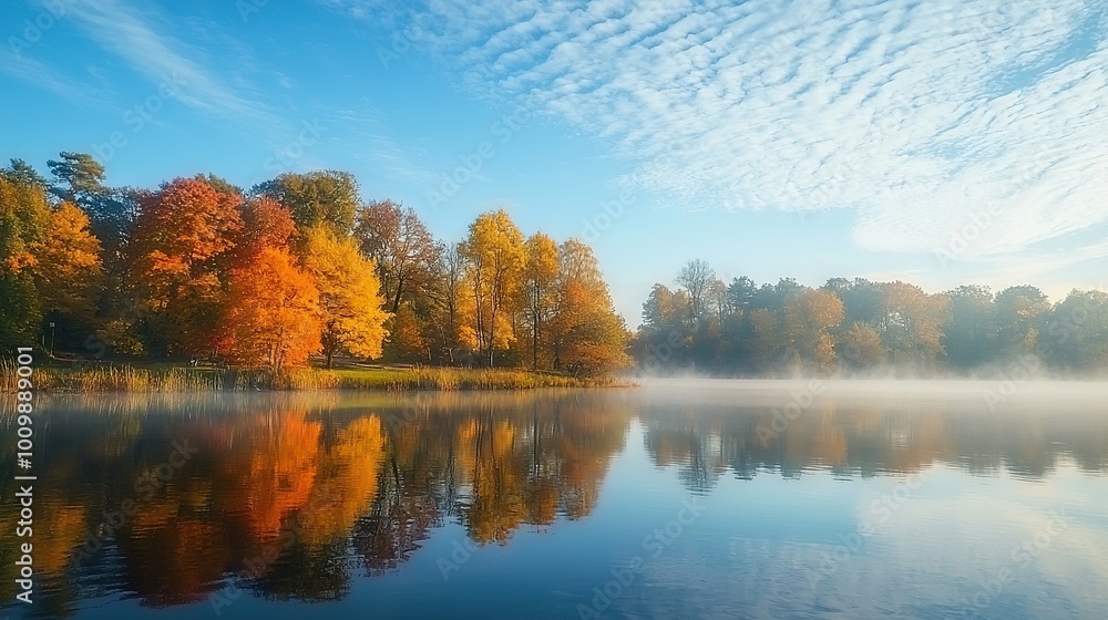 Surrounded by autumnal foliage and a clear blue sky, a body of water boasts wispy cloud formations Surrounded by autumnal foliage and a clear blue sky, a body of water boasts wispy cloud formations