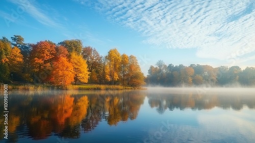 Wallpaper Mural   Surrounded by autumnal foliage and a clear blue sky, a body of water boasts wispy cloud formations Torontodigital.ca