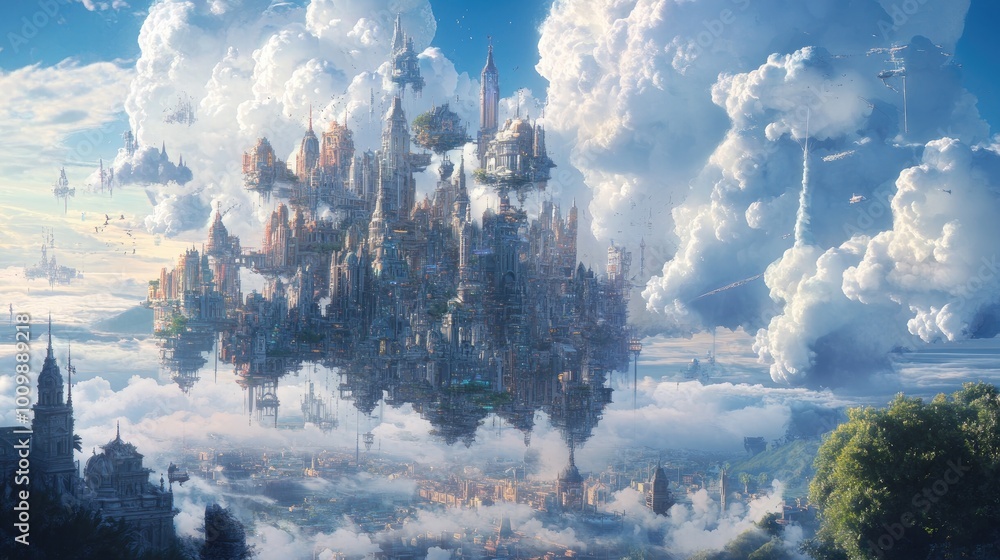 Fototapeta premium A Futuristic City Suspended Above Clouds with Reflected Image Below