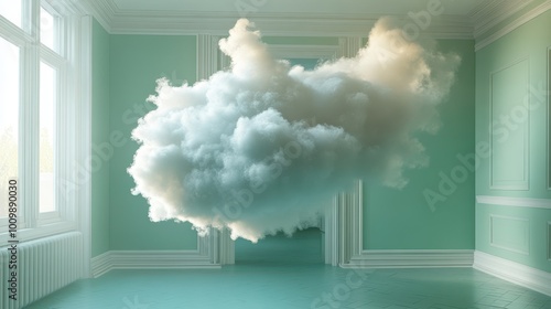 AI Generated Image Fluffy cloud flying in the pastel green colored interior