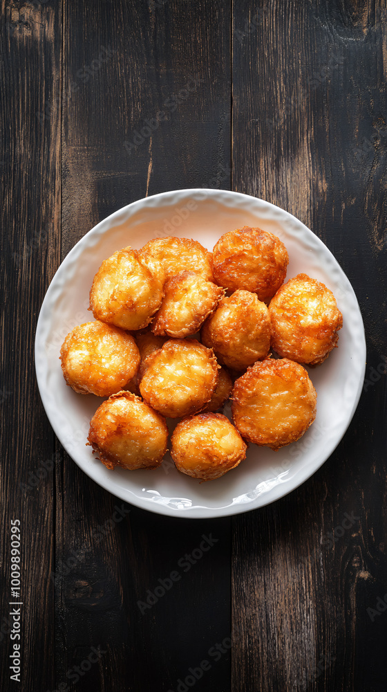 Delicious fried cheese balls on white plate, resting elegantly on rustic wooden table, tempting with golden, crunchy exterior and irresistible aroma Delicious fried cheese balls on white plate, resting elegantly on rustic wooden table, tempting with golden, crunchy exterior and irresistible aroma