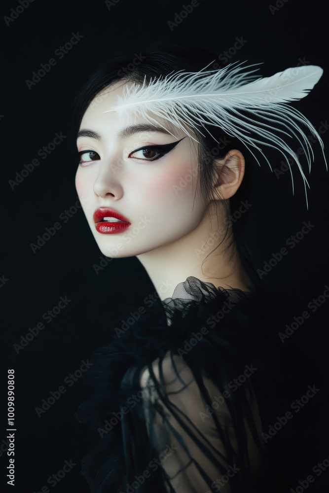 Fototapeta premium A young Japanese woman with dramatic, feather-shaped makeup sweeping down her face, standing against a black background, evoking a sense of grace and modern elegance.