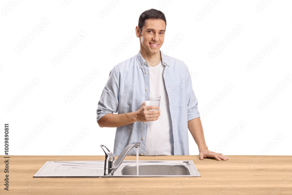 Young man holding a glass of water behind a kitchen sink