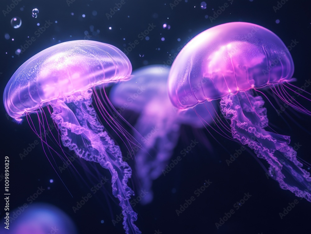 Fototapeta premium Three jellyfish glowing in purple and pink light, against a dark background