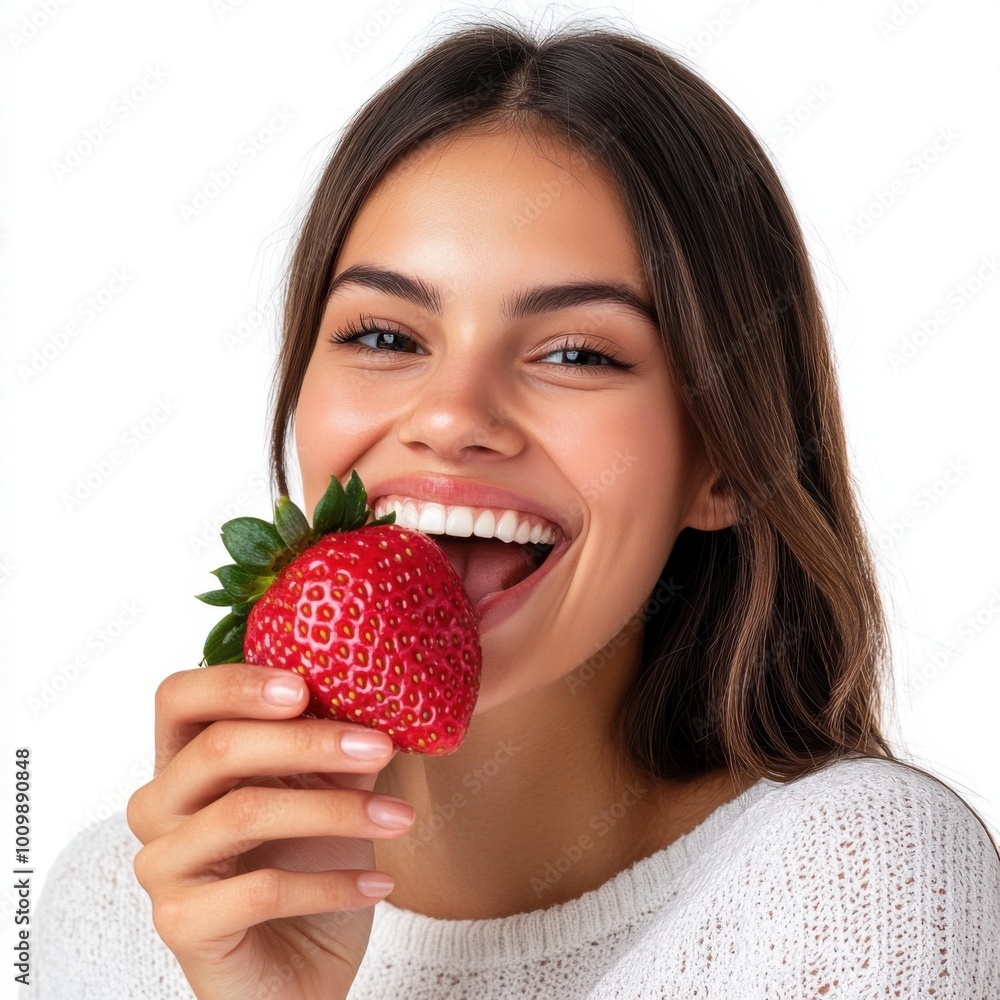 A beautiful woman with brown hair, wearing white and smiling happily while eating a large strawberry against a clean white background. She is holding the strawberry in her hand. A beautiful woman with brown hair, wearing white and smiling happily while eating a large strawberry against a clean white background. She is holding the strawberry in her hand.