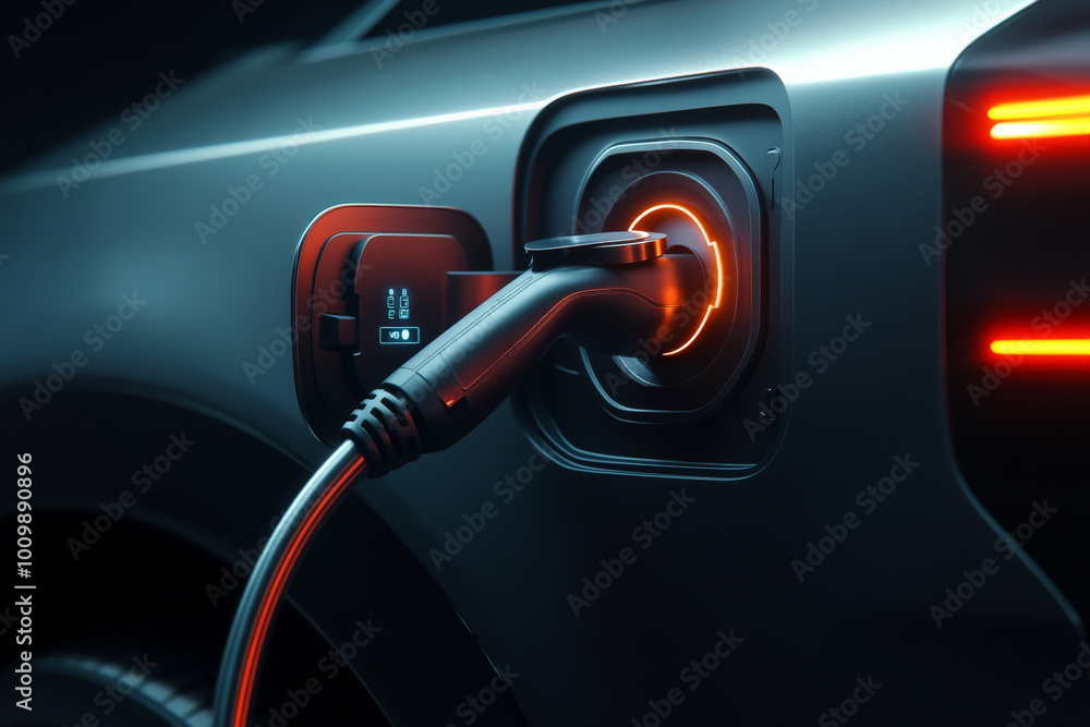A close-up of an electric vehicle's charging port being connected to a charging station. The sleek design of both the car and station highlights the modernity of electric mobility. A close-up of an electric vehicle's charging port being connected to a charging station. The sleek design of both the car and station highlights the modernity of electric mobility.