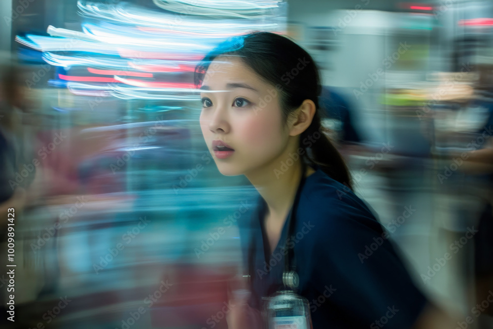 © wolfhound911 - A young Asian nurse intensely focused on her tasks while coordinating with a team in an emergency room. The energy is high, with blurred motion capturing the frantic pace of life-saving interventions