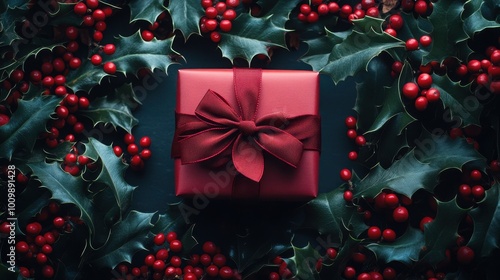 Generative AI image of top view of Christmas decorations consisting of gift with ribbon placed on dark surface with red holly