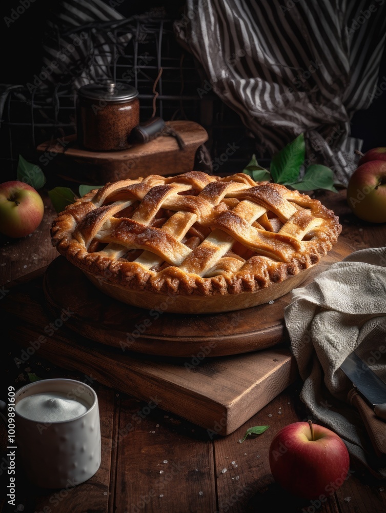 A Freshly Baked Apple Pie on a Wooden Board A Freshly Baked Apple Pie on a Wooden Board