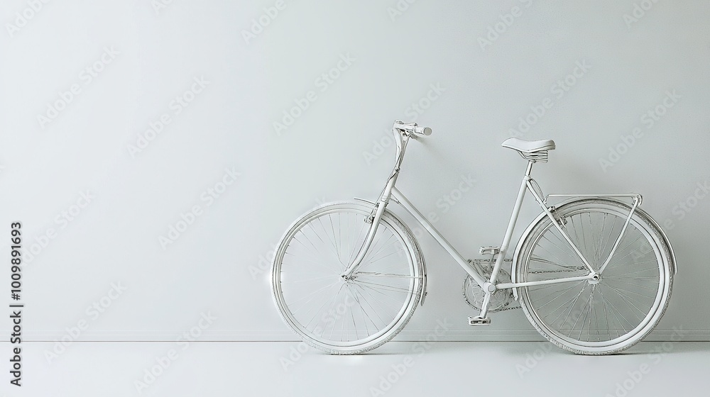 White bike leaning against white wall with basket on front and seat on back White bike leaning against white wall with basket on front and seat on back