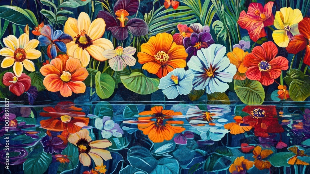 Colorful Flowers Reflecting in Still Water Colorful Flowers Reflecting in Still Water