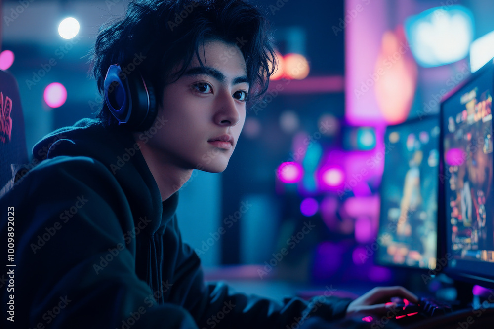 A young adult Japanese man in fashionable streetwear plays an e-sports game, with a serious expression. The detailed background showcases a modern gaming setup with multiple screens and vibrant A young adult Japanese man in fashionable streetwear plays an e-sports game, with a serious expression. The detailed background showcases a modern gaming setup with multiple screens and vibrant