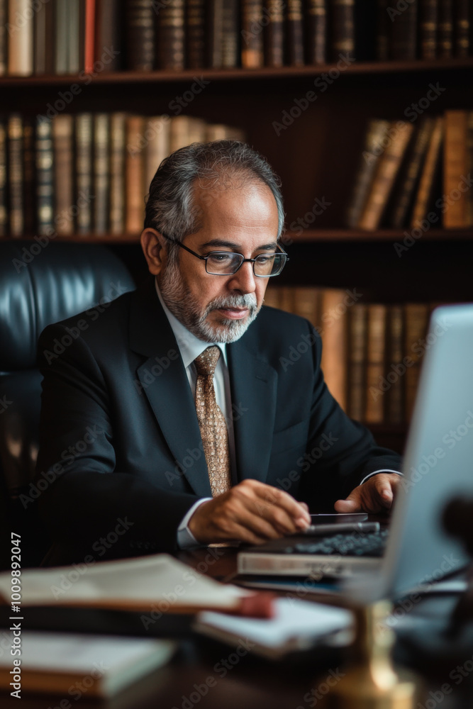 A middle-aged Brazilian attorney in a video conference, surrounded by legal texts and a sleek desk, discussing important legal matters with professionalism. A middle-aged Brazilian attorney in a video conference, surrounded by legal texts and a sleek desk, discussing important legal matters with professionalism.