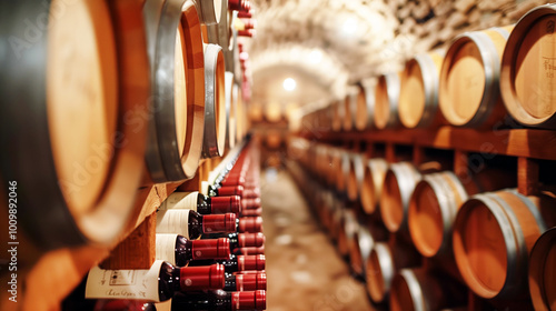 Rustic wine cellar with rows of wooden barrels in a stone vaulted room photo