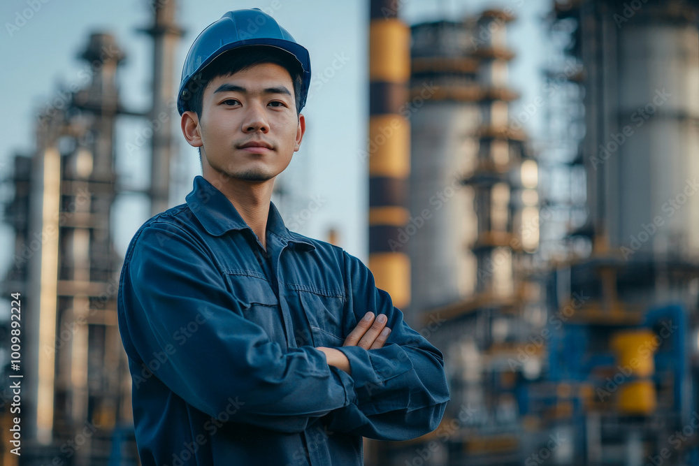 A young Asian power plant worker poses confidently with arms crossed, showcasing his dedication to his job. The expansive power plant behind him features smokestacks and solar panels, symbolizing a A young Asian power plant worker poses confidently with arms crossed, showcasing his dedication to his job. The expansive power plant behind him features smokestacks and solar panels, symbolizing a