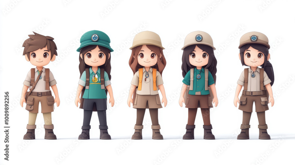 Fototapeta premium Five cartoon children dressed in explorer outfits.