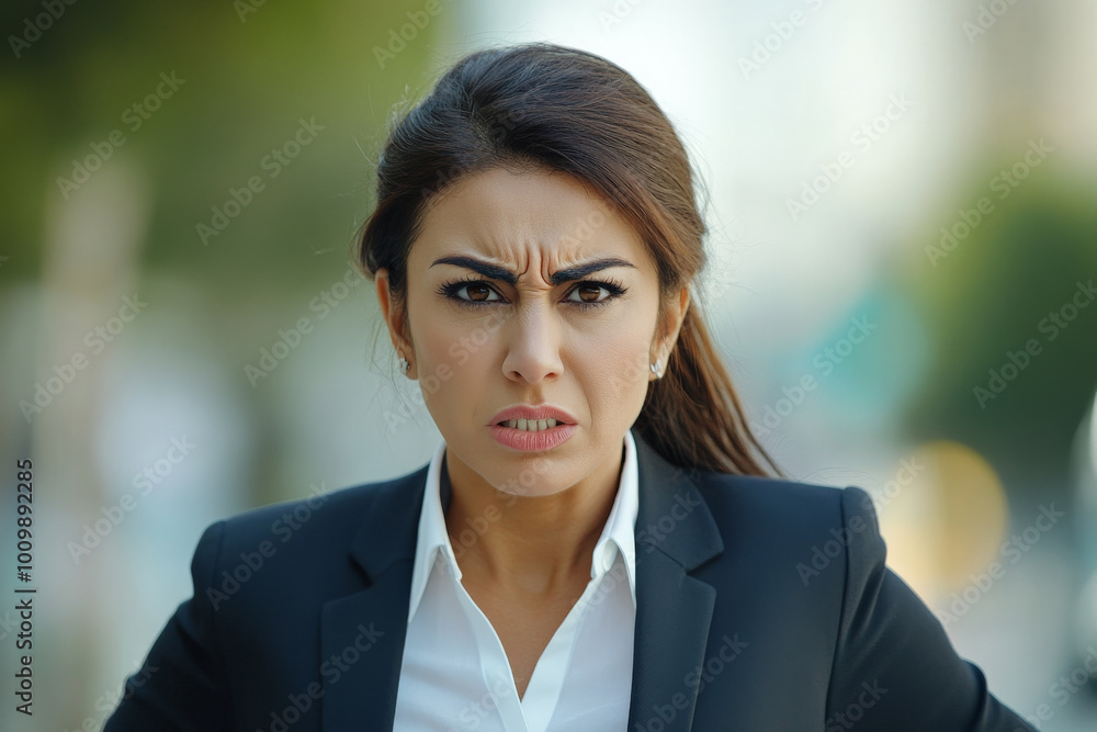 A middle-aged Arabian businesswoman in a chic blazer and dress pants, conveying her frustration and determination with a fierce expression during a critical meeting. A middle-aged Arabian businesswoman in a chic blazer and dress pants, conveying her frustration and determination with a fierce expression during a critical meeting.