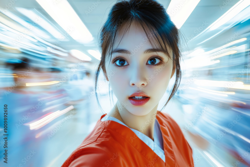 Obraz premium A young Asian nurse intensely focused on her tasks while coordinating with a team in an emergency room. The energy is high, with blurred motion capturing the frantic pace of life-saving interventions