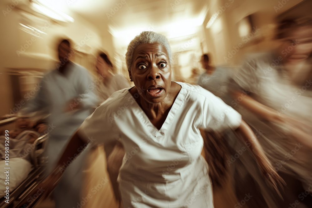 Obraz premium A dramatic scene capturing a senior African American nurse rushing to assist a doctor with a critical patient. The energy of the emergency room is palpable, with other medical professionals engaged in