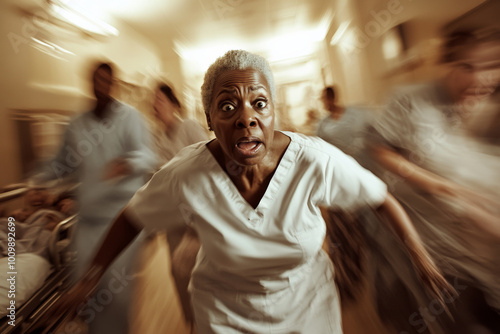 Wallpaper Mural A dramatic scene capturing a senior African American nurse rushing to assist a doctor with a critical patient. The energy of the emergency room is palpable, with other medical professionals engaged in Torontodigital.ca