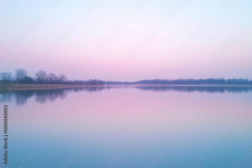 Serene lake at dawn with soft pastel colors reflecting on calm waters. Serene lake at dawn with soft pastel colors reflecting on calm waters.