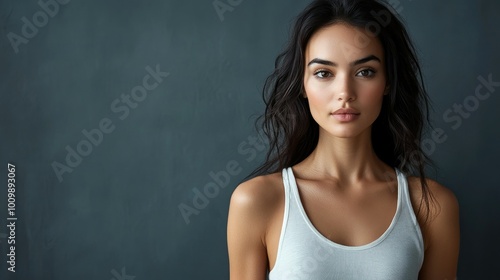 Health and Medicine Concepts - A woman wearing a white t-shirt in support of breast cancer.