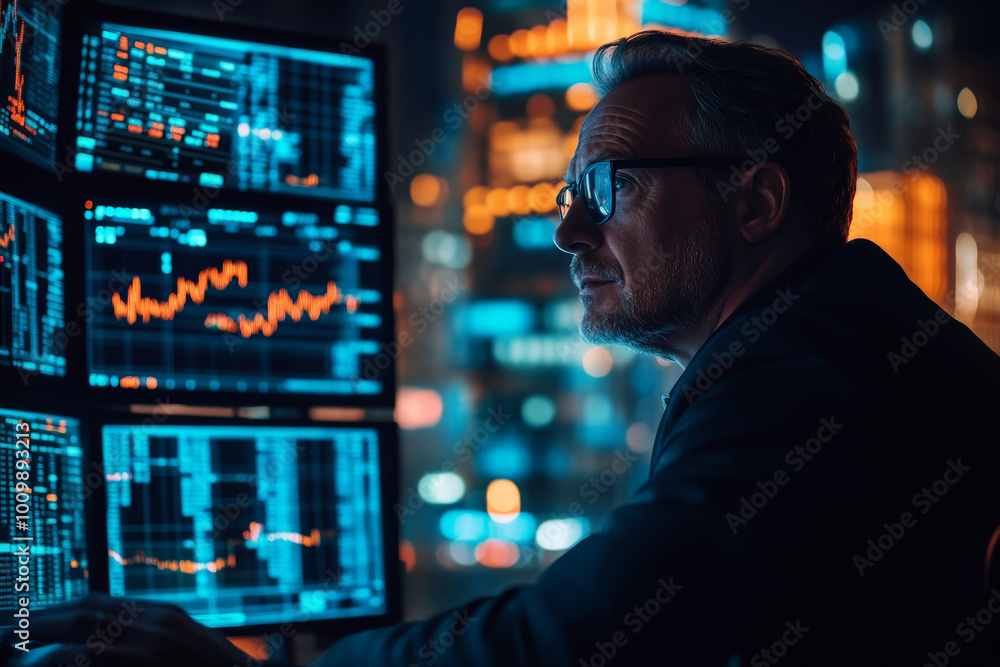 A senior Caucasian stock trader, confidently directing his team while monitoring the markets on multiple screens, with a bright neon-lit city view creating an inspiring backdrop for intense trading. A senior Caucasian stock trader, confidently directing his team while monitoring the markets on multiple screens, with a bright neon-lit city view creating an inspiring backdrop for intense trading.