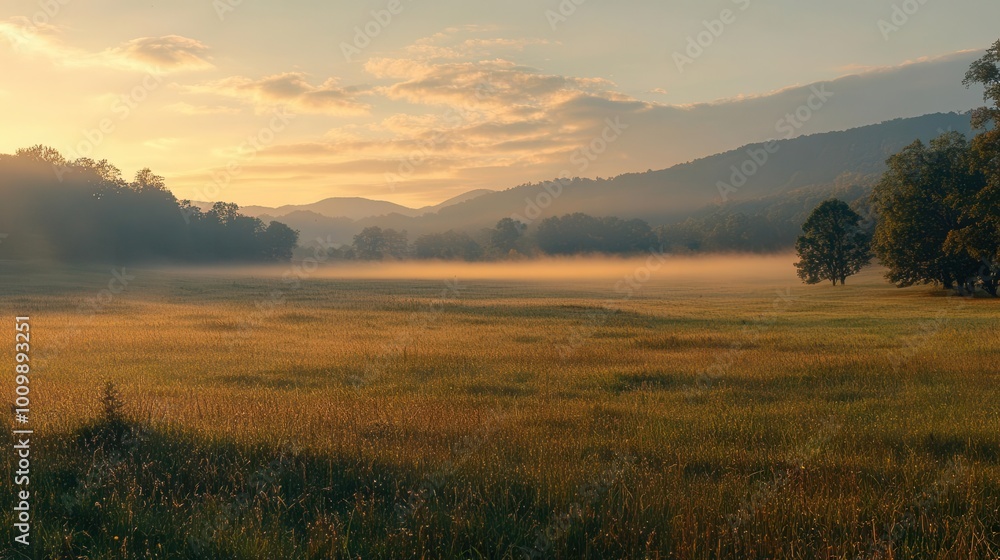 Serene landscape at sunrise with mist over a grassy field and distant mountains. Serene landscape at sunrise with mist over a grassy field and distant mountains.