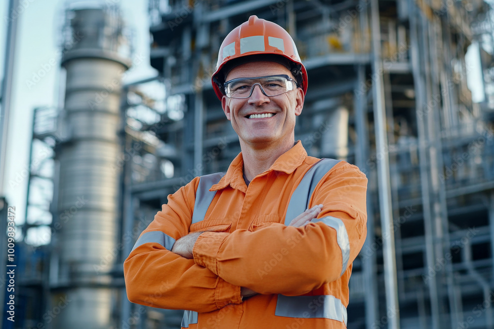A middle-aged Caucasian power plant worker stands confidently with arms crossed, a proud smile on his face. The impressive power plant infrastructure behind him showcases the scale of the operation, A middle-aged Caucasian power plant worker stands confidently with arms crossed, a proud smile on his face. The impressive power plant infrastructure behind him showcases the scale of the operation,