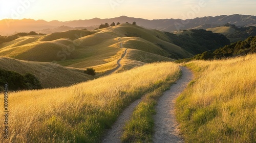 Serene landscape featuring rolling hills and a winding path under a golden sunset.