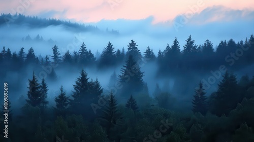 Serene misty forest at dawn, showcasing tranquil nature and atmospheric beauty.