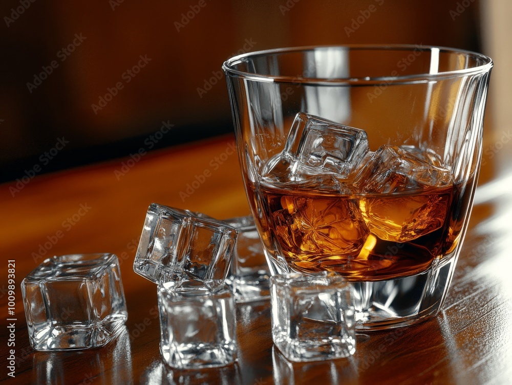 A glass filled with rich single malt scotch whisky rests on a wooden table, accompanied by clear ice cubes, illustrating a moment of relaxation and enjoyment A glass filled with rich single malt scotch whisky rests on a wooden table, accompanied by clear ice cubes, illustrating a moment of relaxation and enjoyment
