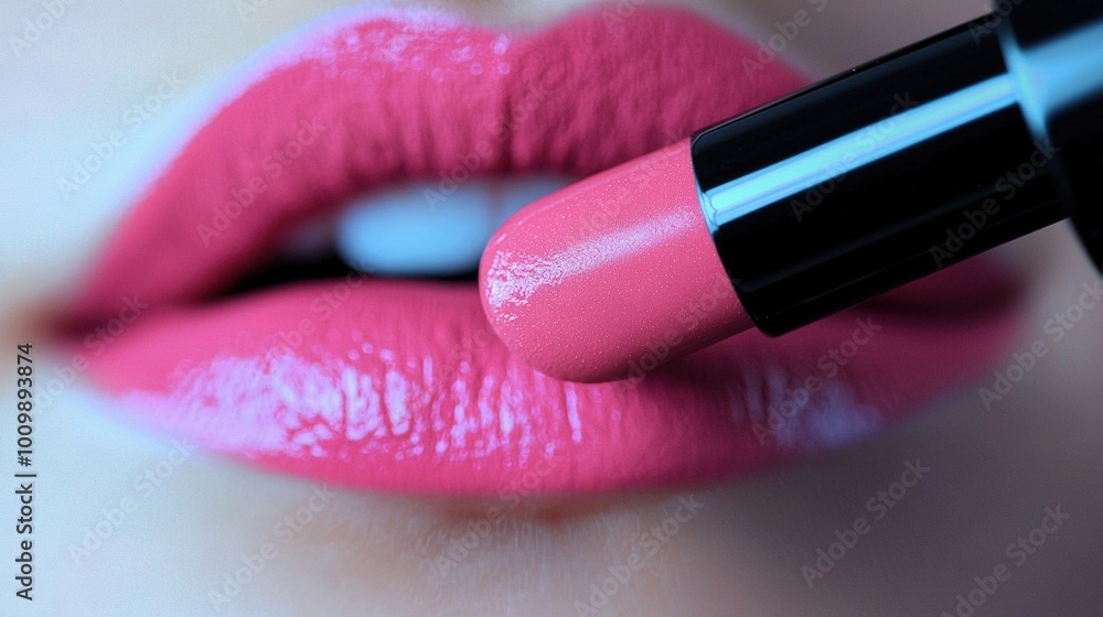 Obraz premium A photo of a woman's lips with a vivid pink lipstick applied, and a black lip brush nearby