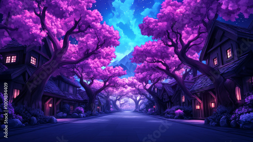 A magical village street lined with pink trees under a starry night sky.