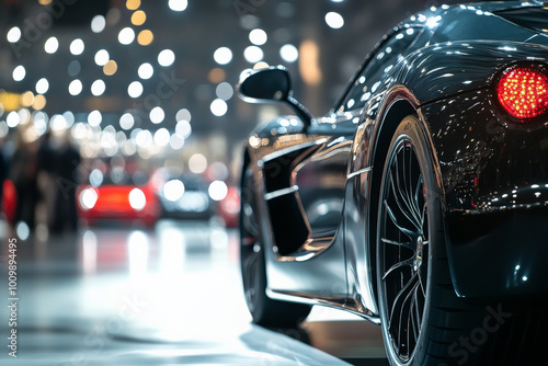 A close-up view of a luxury sports car gliding through the auction lane, with a spotlight highlighting its features. The excitement of the auction atmosphere is palpable, with bidders in the photo