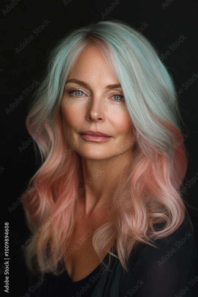 A middle-aged Caucasian woman with flowing, ocean-wave-styled hair in soft hues of pink and teal, set against a black background. Her flawless makeup and expert lighting evoke elegance and depth. A middle-aged Caucasian woman with flowing, ocean-wave-styled hair in soft hues of pink and teal, set against a black background. Her flawless makeup and expert lighting evoke elegance and depth.