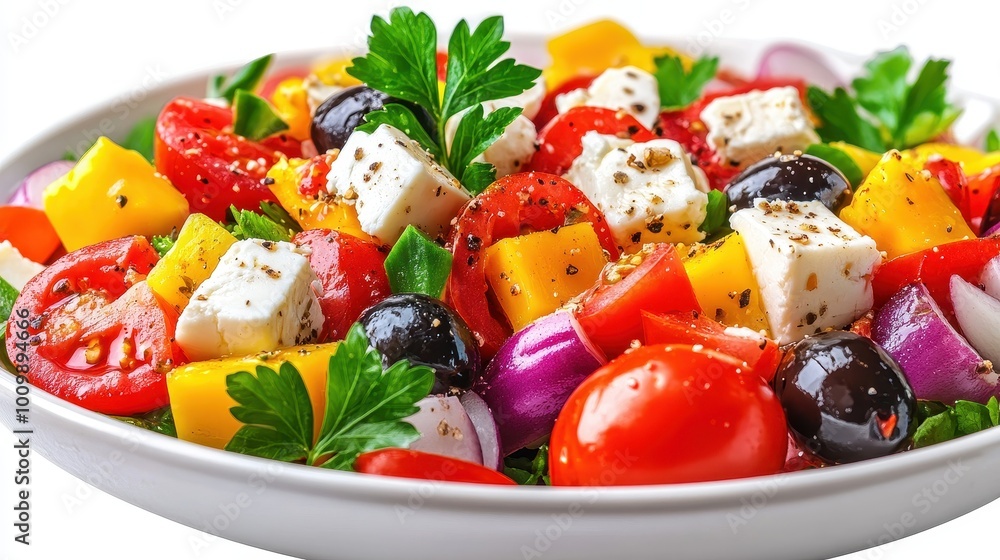 Greek Salad With Cheese And Olives Isolated Vegetarian Natural Food With Vegetables Greek Salad With Cheese And Olives Isolated Vegetarian Natural Food With Vegetables