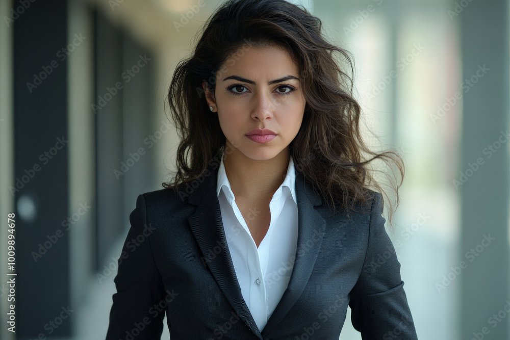 A young Hispanic businesswoman with a fierce look, dressed in a fitted blazer and dress pants. Her intense expression captures the essence of a strong leader facing challenges head-on. A young Hispanic businesswoman with a fierce look, dressed in a fitted blazer and dress pants. Her intense expression captures the essence of a strong leader facing challenges head-on.