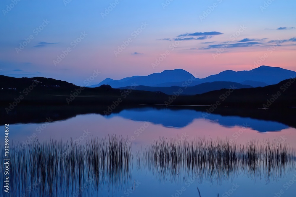 Serene twilight over a tranquil lake reflecting distant mountains and soft pastel skies. Serene twilight over a tranquil lake reflecting distant mountains and soft pastel skies.