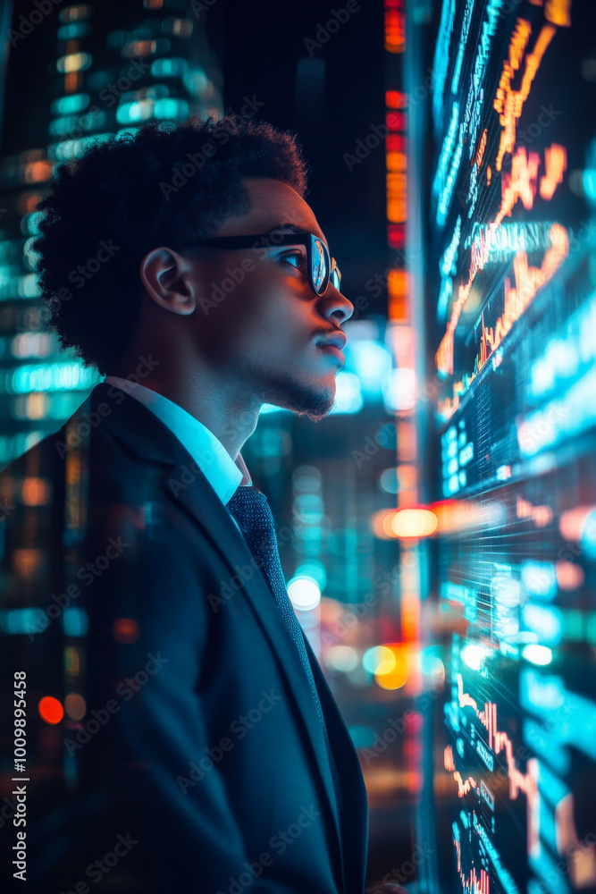 A young adult Brazilian stock trader, energetically analyzing stocks in a fitted suit, with a neon-lit city view framing the intensity of his trading environment, reflecting the pulse of Wall Street. A young adult Brazilian stock trader, energetically analyzing stocks in a fitted suit, with a neon-lit city view framing the intensity of his trading environment, reflecting the pulse of Wall Street.