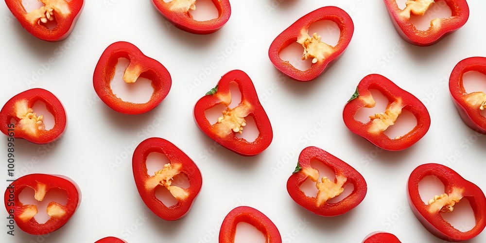 Sliced red bell peppers arranged on a white background, showcasing their vibrant color and texture. Sliced red bell peppers arranged on a white background, showcasing their vibrant color and texture.