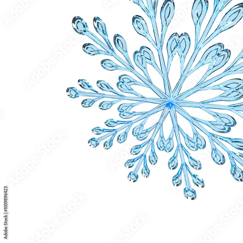 3D illustration, 3D glass blue snowflake, ice crystal on white background