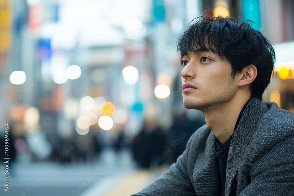 Obraz premium A young adult Japanese man in a casual blazer, seated on a city street curb with a thoughtful expression, pondering his future amidst the hustle and bustle of urban life.