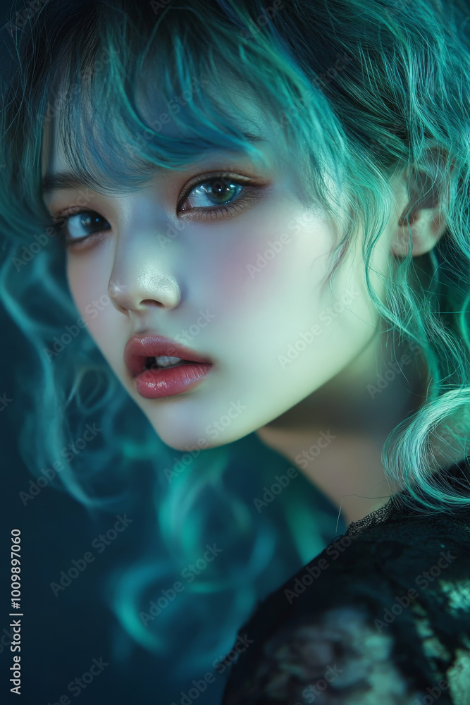 Close-up of a young Japanese woman with soft, ocean-like waves in her hair, in shades of lavender and seafoam green, against a dark backdrop. Her refined makeup and crisp lighting add an ethereal Close-up of a young Japanese woman with soft, ocean-like waves in her hair, in shades of lavender and seafoam green, against a dark backdrop. Her refined makeup and crisp lighting add an ethereal