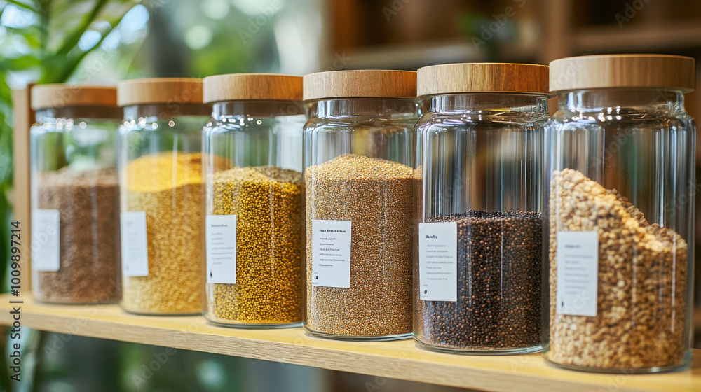 Various seeds and grains displayed in glass jars with wooden lids, showcasing diverse types of organic food, nutrition, and sustainability Various seeds and grains displayed in glass jars with wooden lids, showcasing diverse types of organic food, nutrition, and sustainability