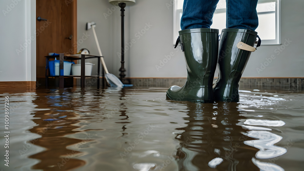 Fototapeta premium Who wore rubber boots in a flooded bedroom: the concept of house flooding and flood damage generative ai