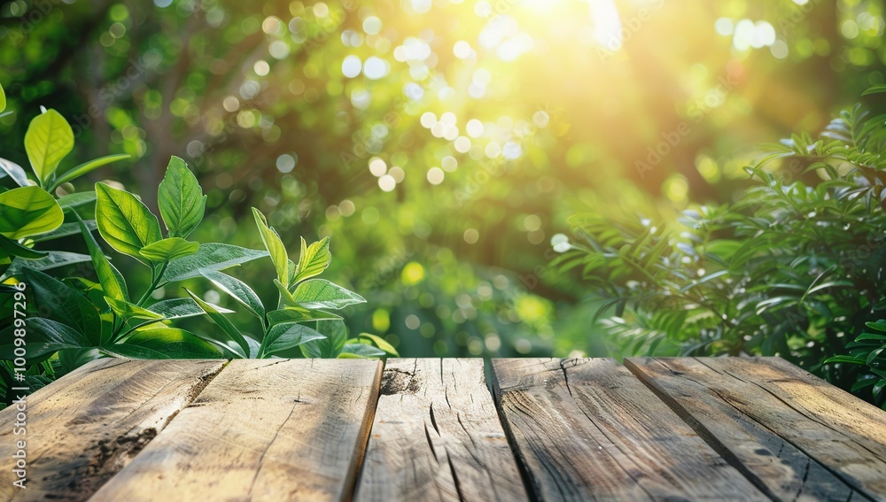 A wooden table with green plants in the background. In nature, a blurred... A wooden table with green plants in the background. In nature, a blurred...